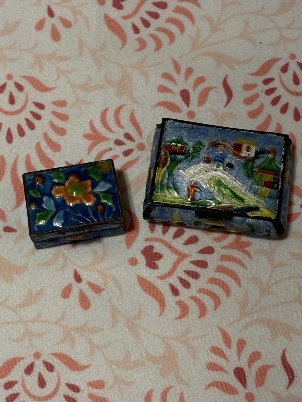 Handcrafted Blue Cloisonné Trinket Box with Scenic and Floral Designs